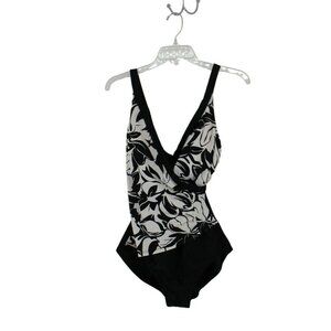 Jantzen Classics Black White Floral Print Faux Wrap One Piece Swimsuit Size 10